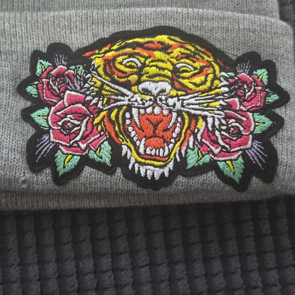 Ed Hardy Gray Beanie with Tiger and Rose Embroidery - Picture 3 of 5